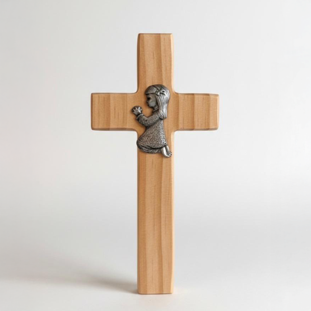 Cruz de Madera con Niña en Oración